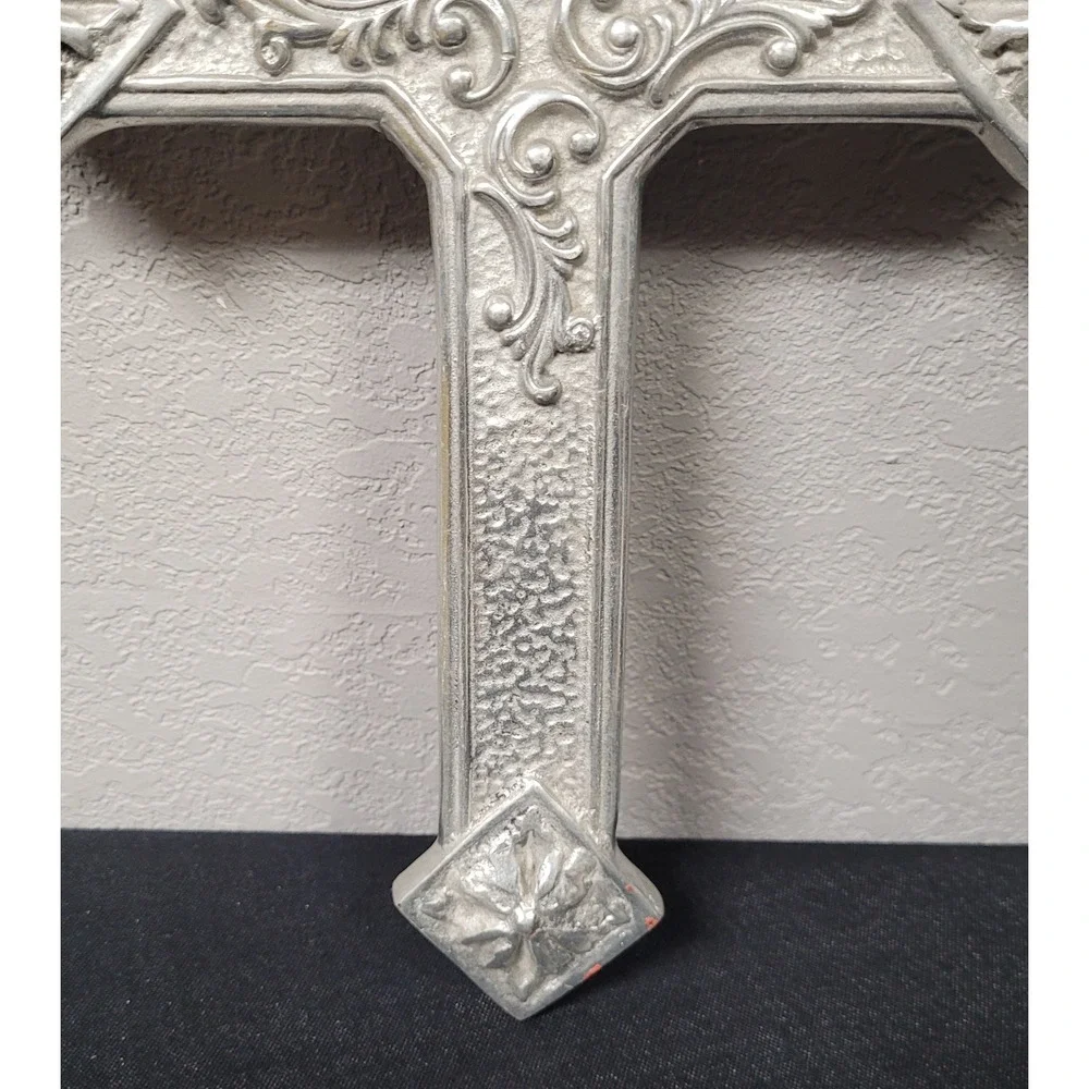 Vintage 1990s Mexican Pewter Wall Cross 13.5